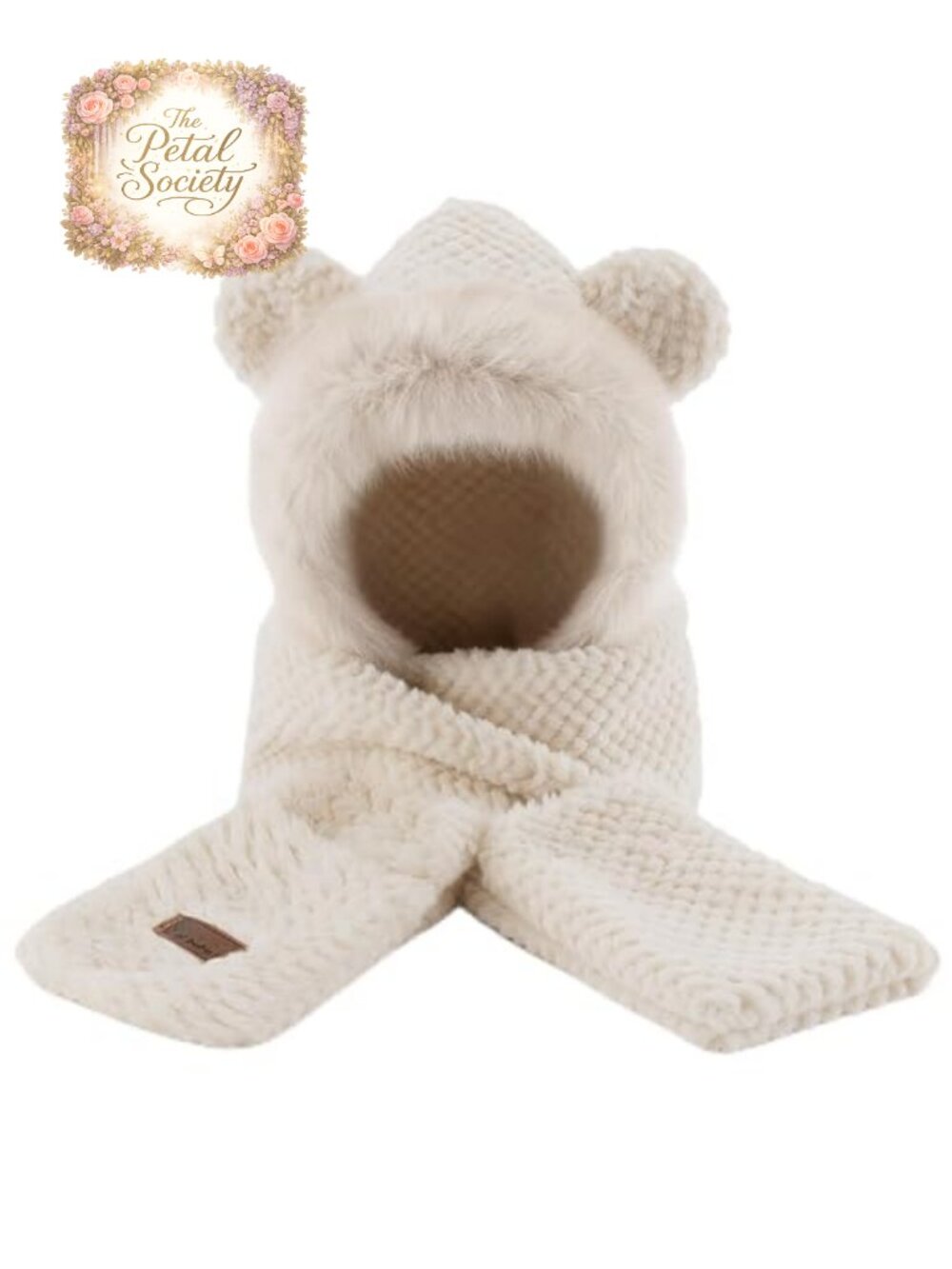 Fleece Hooded Scarf Hat Gloves 3-in-1 Bear Ear Winter Set Women